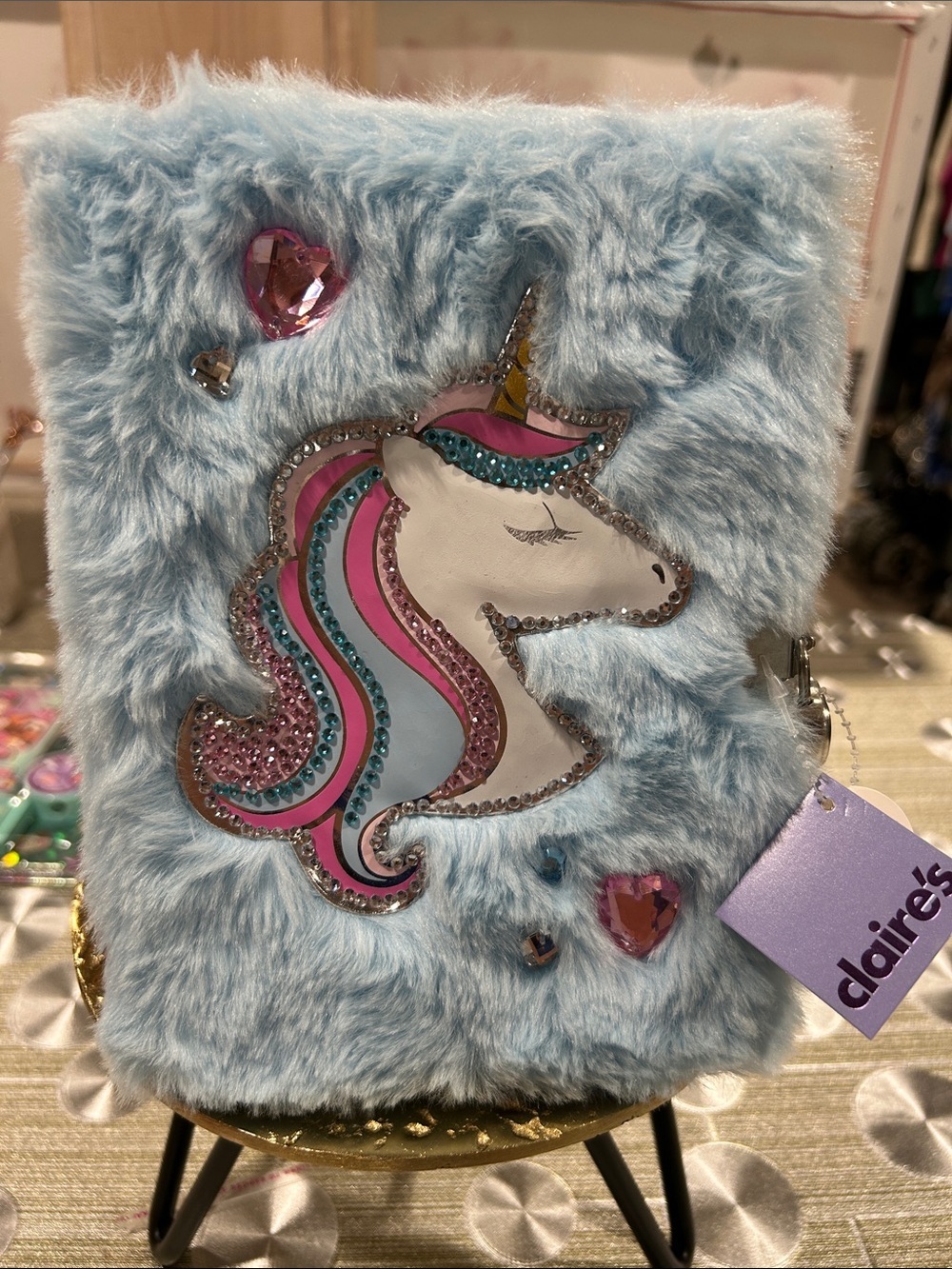 Claire's Light Blue Fuzzy Unicorn Notebook w/ Rhinestone Details and Lock & Key